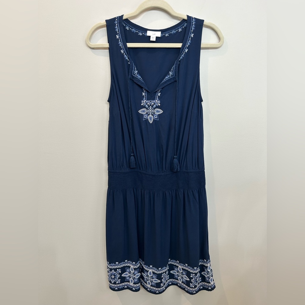 J. Jill Navy Blue Embroidered Sleeveless Dress Tassel Ties Boho Size Petite S